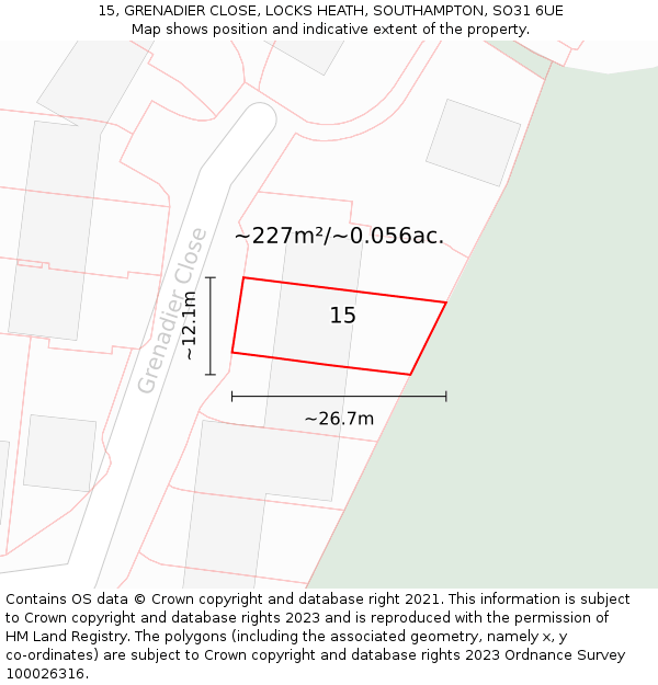 15, GRENADIER CLOSE, LOCKS HEATH, SOUTHAMPTON, SO31 6UE: Plot and title map