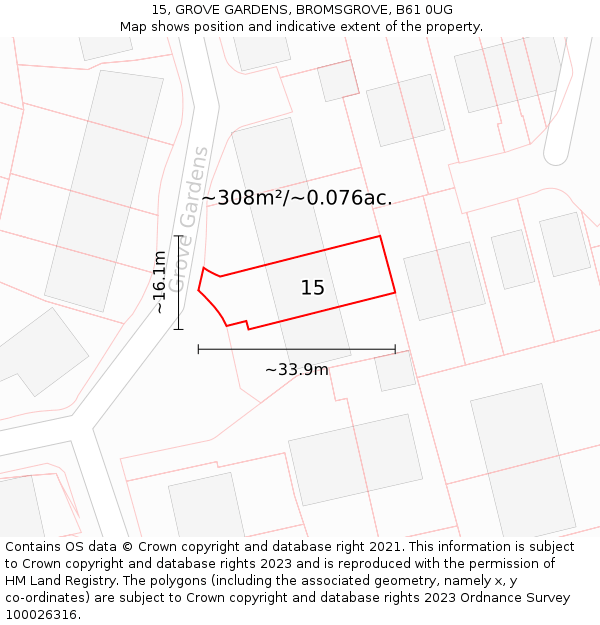 15, GROVE GARDENS, BROMSGROVE, B61 0UG: Plot and title map