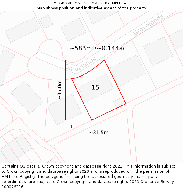 15, GROVELANDS, DAVENTRY, NN11 4DH: Plot and title map