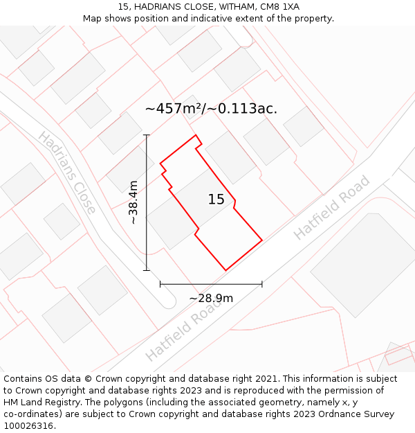 15, HADRIANS CLOSE, WITHAM, CM8 1XA: Plot and title map