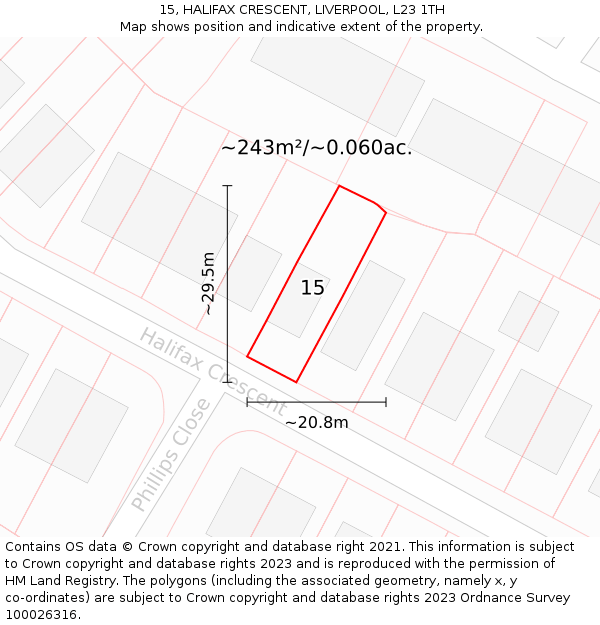15, HALIFAX CRESCENT, LIVERPOOL, L23 1TH: Plot and title map