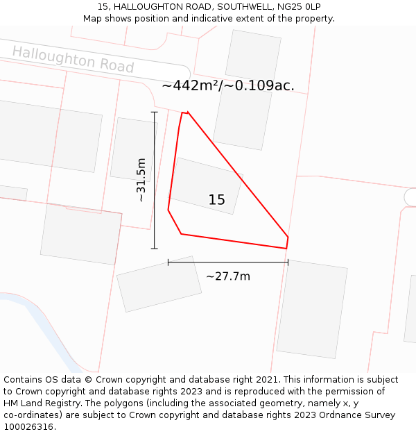 15, HALLOUGHTON ROAD, SOUTHWELL, NG25 0LP: Plot and title map