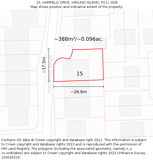 15, HAMFIELD DRIVE, HAYLING ISLAND, PO11 0DB: Plot and title map