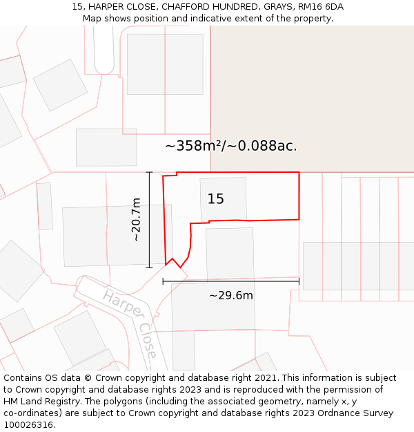 15, HARPER CLOSE, CHAFFORD HUNDRED, GRAYS, RM16 6DA: Plot and title map