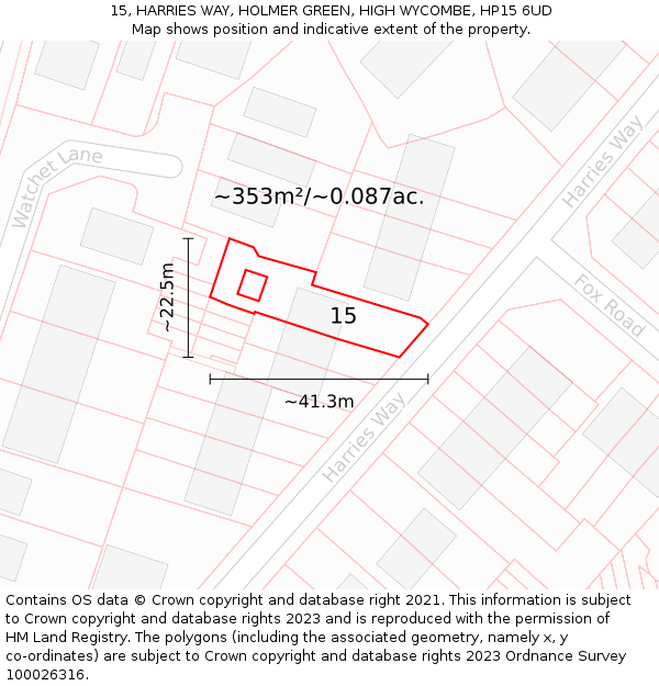 15, HARRIES WAY, HOLMER GREEN, HIGH WYCOMBE, HP15 6UD: Plot and title map