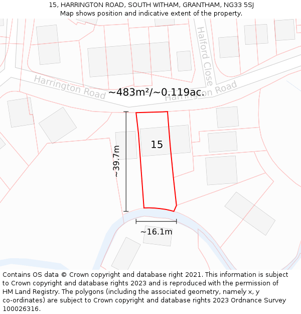 15, HARRINGTON ROAD, SOUTH WITHAM, GRANTHAM, NG33 5SJ: Plot and title map