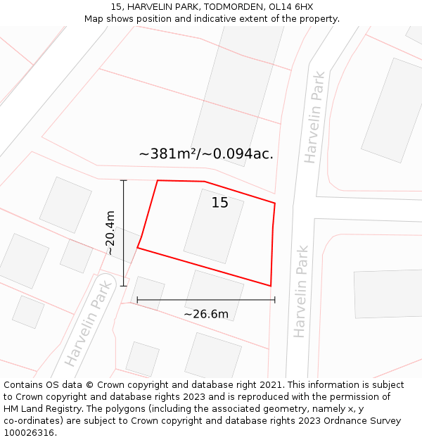 15, HARVELIN PARK, TODMORDEN, OL14 6HX: Plot and title map