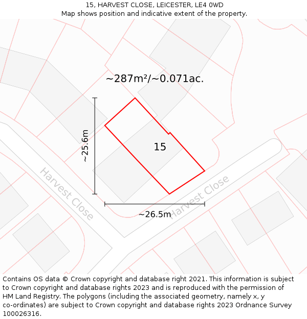 15, HARVEST CLOSE, LEICESTER, LE4 0WD: Plot and title map