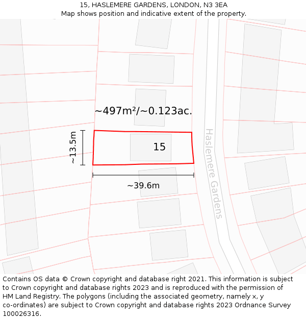 15, HASLEMERE GARDENS, LONDON, N3 3EA: Plot and title map
