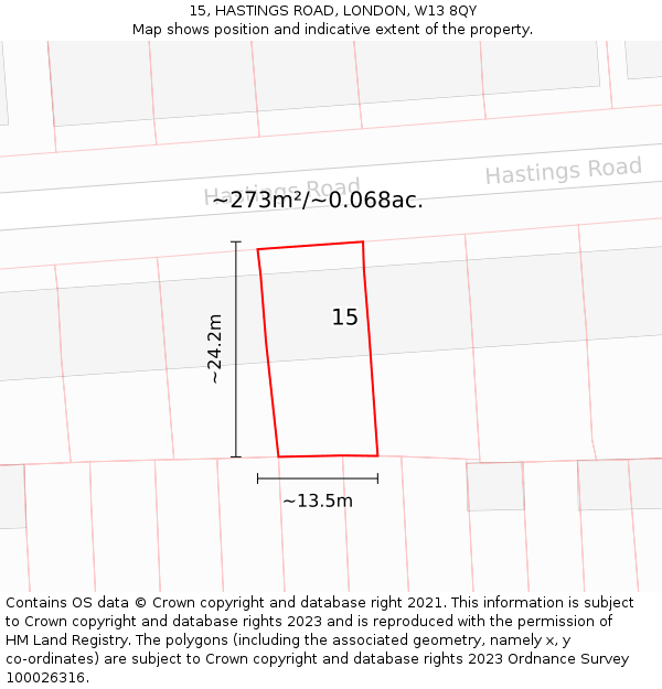 15, HASTINGS ROAD, LONDON, W13 8QY: Plot and title map