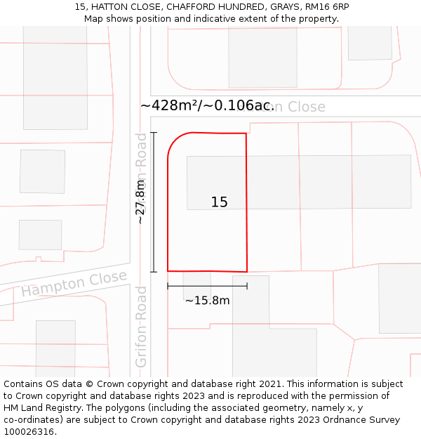 15, HATTON CLOSE, CHAFFORD HUNDRED, GRAYS, RM16 6RP: Plot and title map