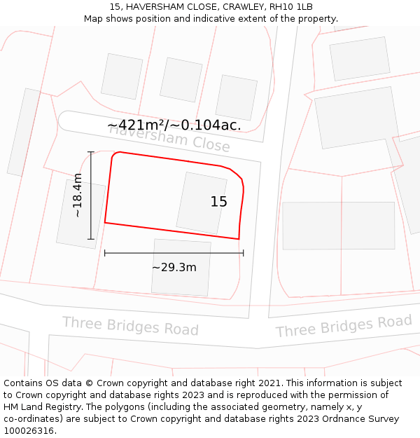 15, HAVERSHAM CLOSE, CRAWLEY, RH10 1LB: Plot and title map