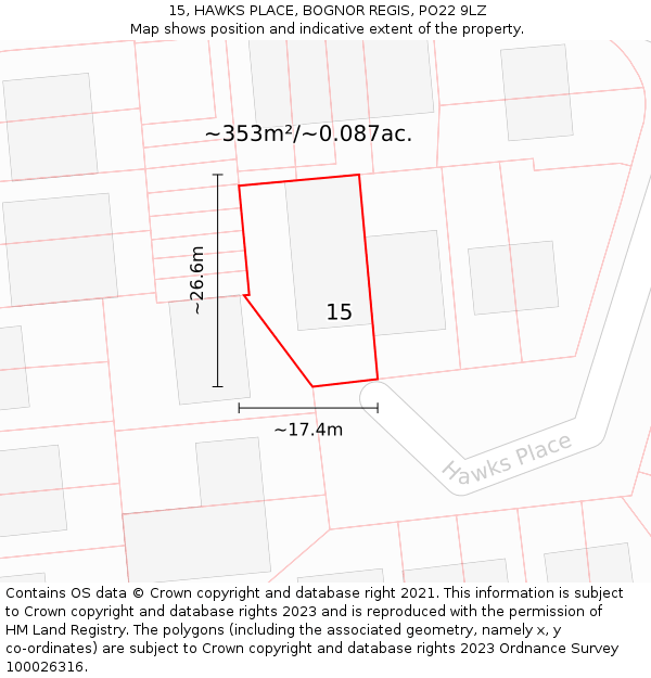 15, HAWKS PLACE, BOGNOR REGIS, PO22 9LZ: Plot and title map