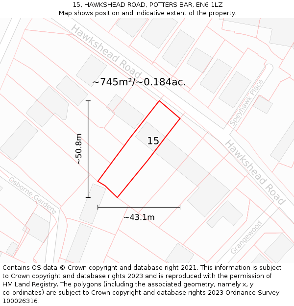 15, HAWKSHEAD ROAD, POTTERS BAR, EN6 1LZ: Plot and title map