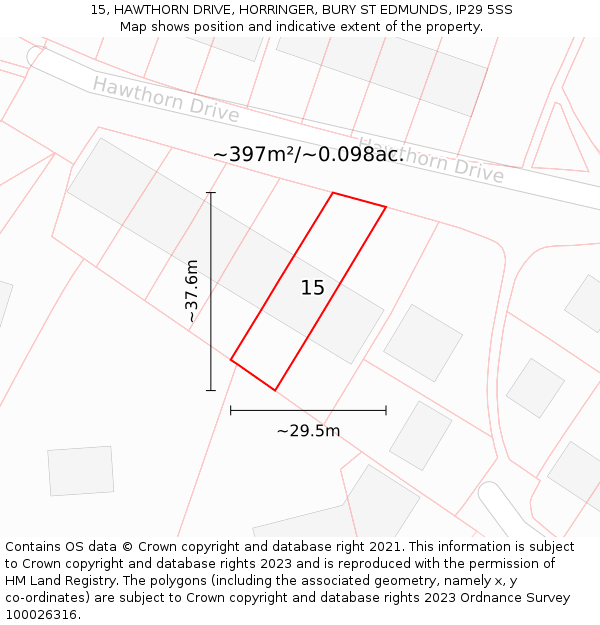 15, HAWTHORN DRIVE, HORRINGER, BURY ST EDMUNDS, IP29 5SS: Plot and title map