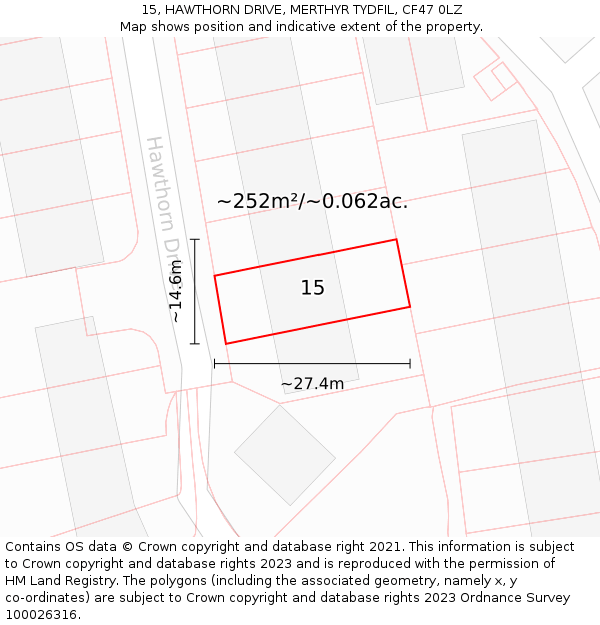 15, HAWTHORN DRIVE, MERTHYR TYDFIL, CF47 0LZ: Plot and title map