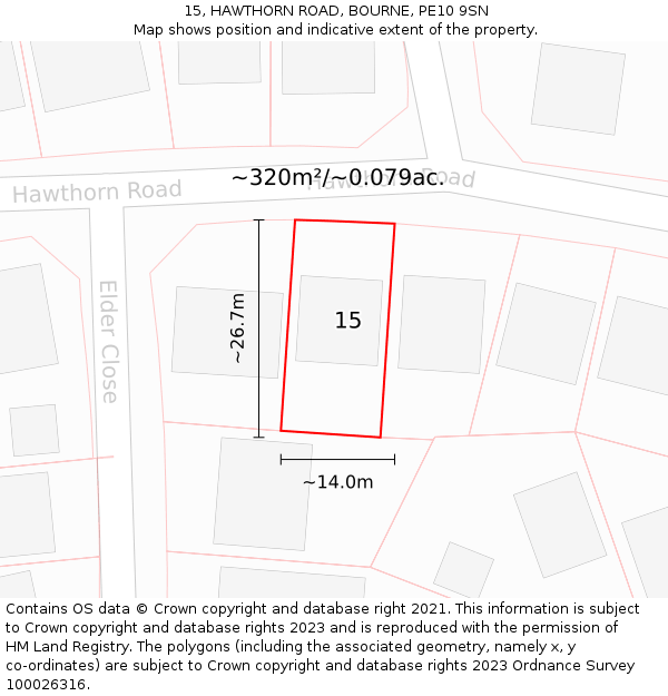 15, HAWTHORN ROAD, BOURNE, PE10 9SN: Plot and title map