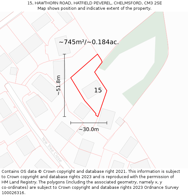 15, HAWTHORN ROAD, HATFIELD PEVEREL, CHELMSFORD, CM3 2SE: Plot and title map