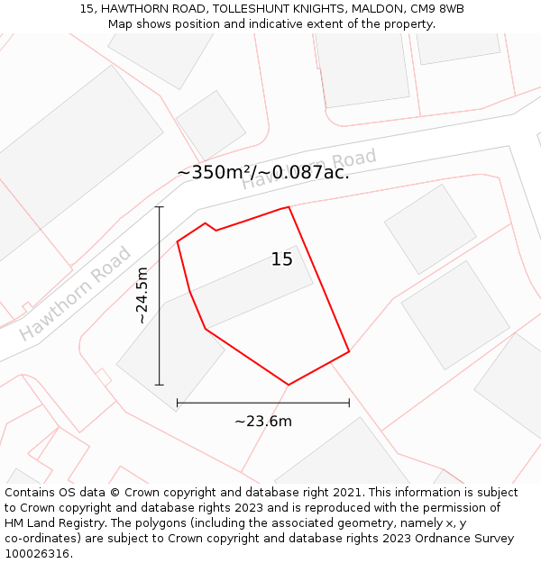 15, HAWTHORN ROAD, TOLLESHUNT KNIGHTS, MALDON, CM9 8WB: Plot and title map