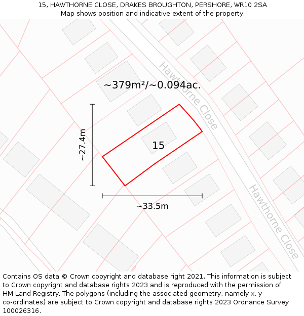 15, HAWTHORNE CLOSE, DRAKES BROUGHTON, PERSHORE, WR10 2SA: Plot and title map