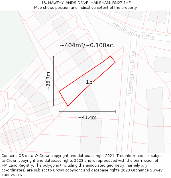 15, HAWTHYLANDS DRIVE, HAILSHAM, BN27 1HE: Plot and title map