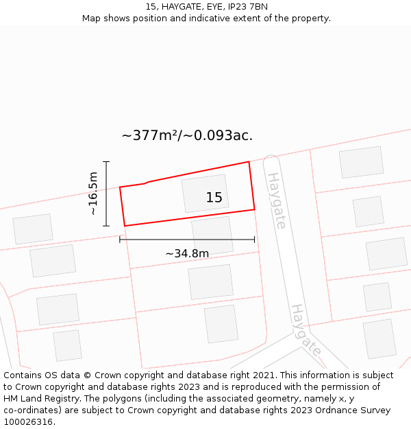 15, HAYGATE, EYE, IP23 7BN: Plot and title map