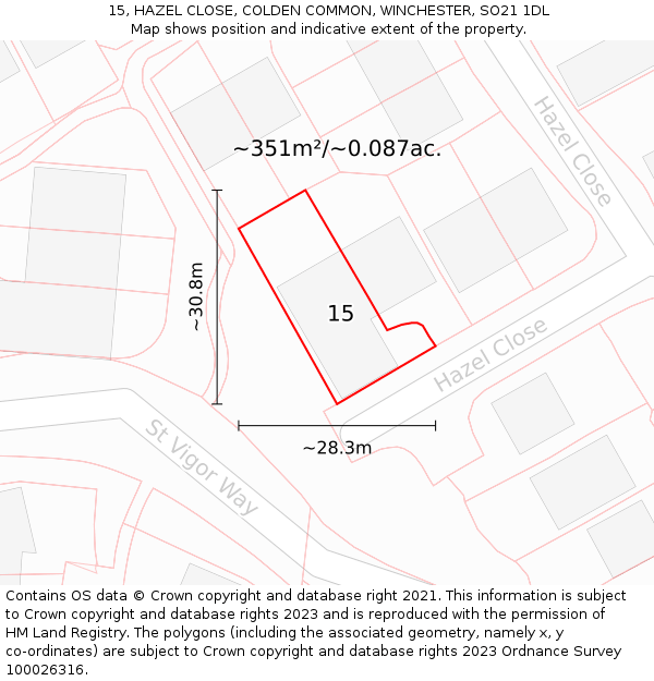 15, HAZEL CLOSE, COLDEN COMMON, WINCHESTER, SO21 1DL: Plot and title map