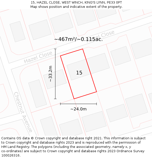 15, HAZEL CLOSE, WEST WINCH, KING'S LYNN, PE33 0PT: Plot and title map