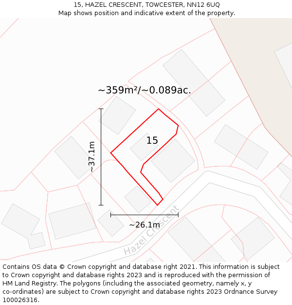 15, HAZEL CRESCENT, TOWCESTER, NN12 6UQ: Plot and title map