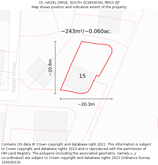 15, HAZEL DRIVE, SOUTH OCKENDON, RM15 6JT: Plot and title map