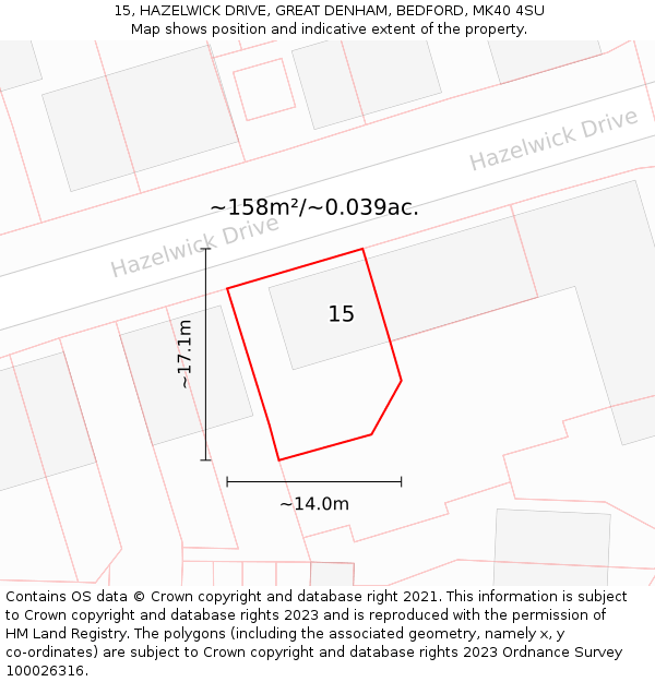 15, HAZELWICK DRIVE, GREAT DENHAM, BEDFORD, MK40 4SU: Plot and title map