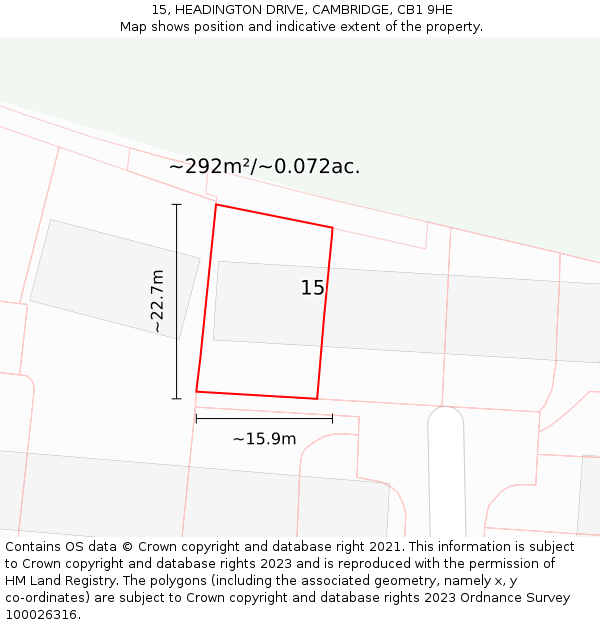 15, HEADINGTON DRIVE, CAMBRIDGE, CB1 9HE: Plot and title map