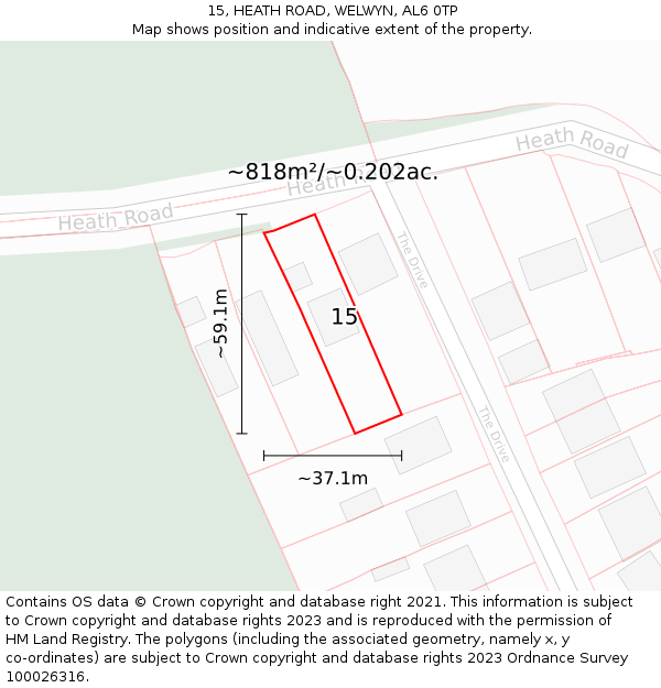 15, HEATH ROAD, WELWYN, AL6 0TP: Plot and title map