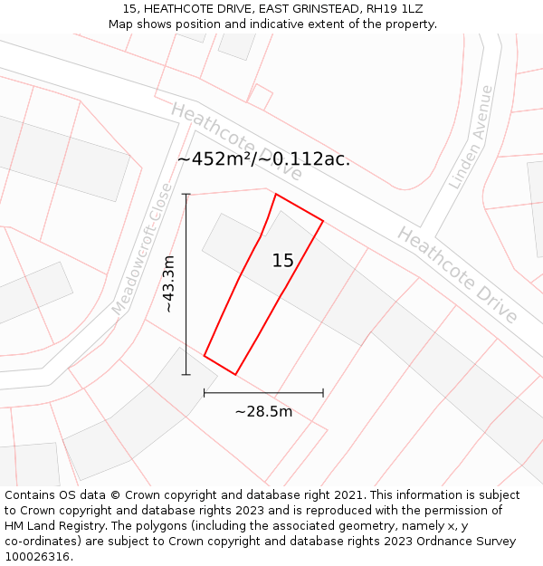 15, HEATHCOTE DRIVE, EAST GRINSTEAD, RH19 1LZ: Plot and title map