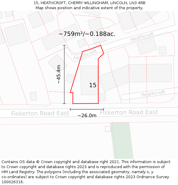 15, HEATHCROFT, CHERRY WILLINGHAM, LINCOLN, LN3 4RB: Plot and title map