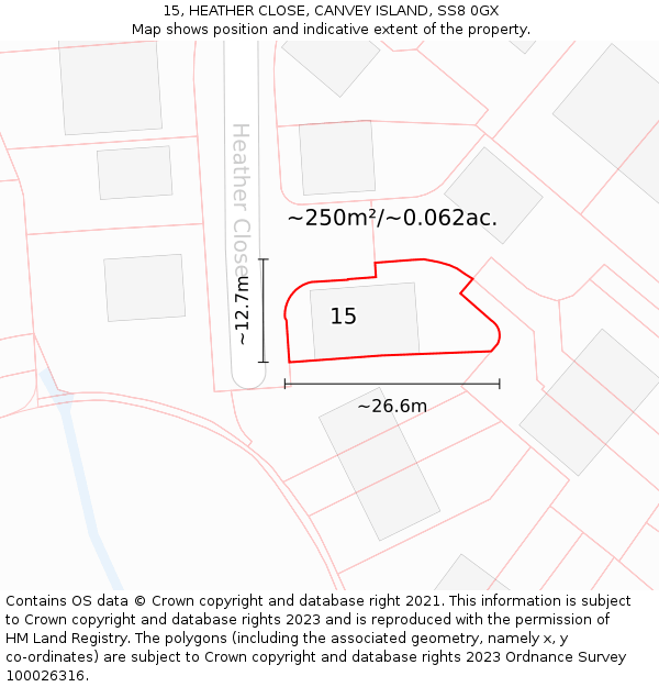 15, HEATHER CLOSE, CANVEY ISLAND, SS8 0GX: Plot and title map