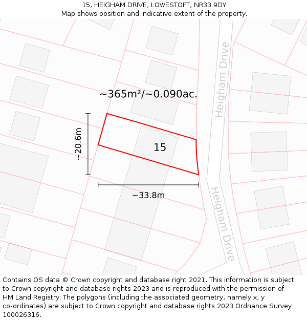 15, HEIGHAM DRIVE, LOWESTOFT, NR33 9DY: Plot and title map