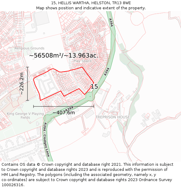 15, HELLIS WARTHA, HELSTON, TR13 8WE: Plot and title map