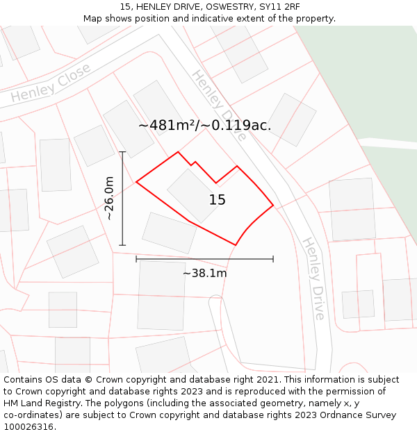 15, HENLEY DRIVE, OSWESTRY, SY11 2RF: Plot and title map