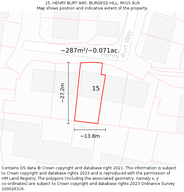 15, HENRY BURT WAY, BURGESS HILL, RH15 9UX: Plot and title map