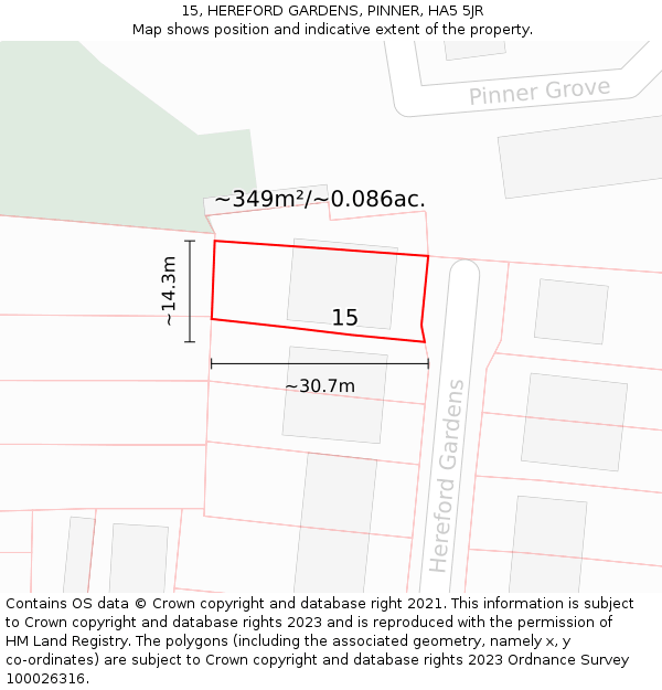 15, HEREFORD GARDENS, PINNER, HA5 5JR: Plot and title map