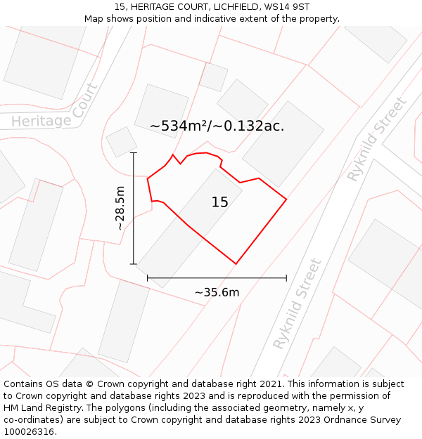15, HERITAGE COURT, LICHFIELD, WS14 9ST: Plot and title map