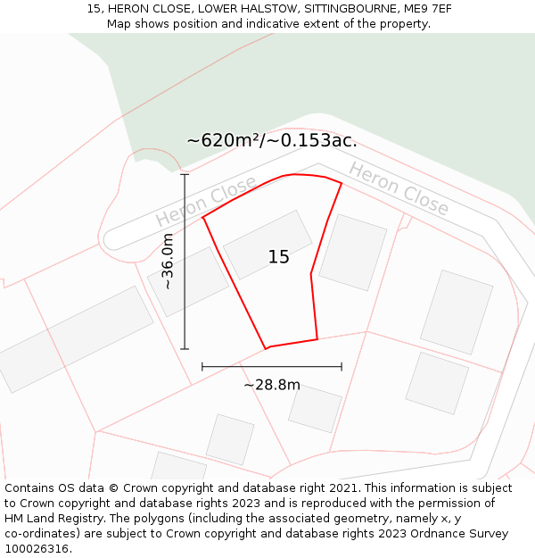 15, HERON CLOSE, LOWER HALSTOW, SITTINGBOURNE, ME9 7EF: Plot and title map