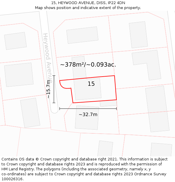 15, HEYWOOD AVENUE, DISS, IP22 4DN: Plot and title map