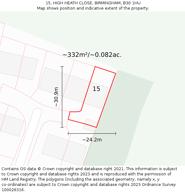 15, HIGH HEATH CLOSE, BIRMINGHAM, B30 1HU: Plot and title map