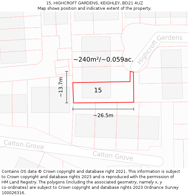 15, HIGHCROFT GARDENS, KEIGHLEY, BD21 4UZ: Plot and title map