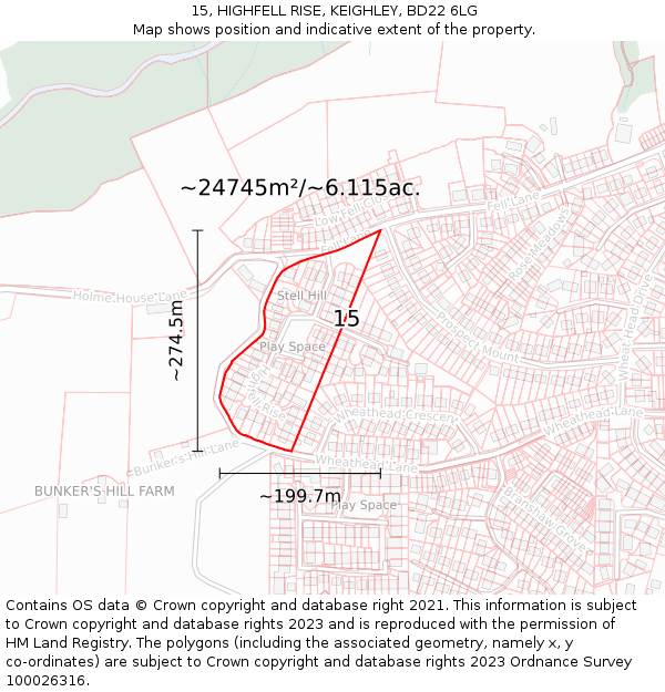 15, HIGHFELL RISE, KEIGHLEY, BD22 6LG: Plot and title map
