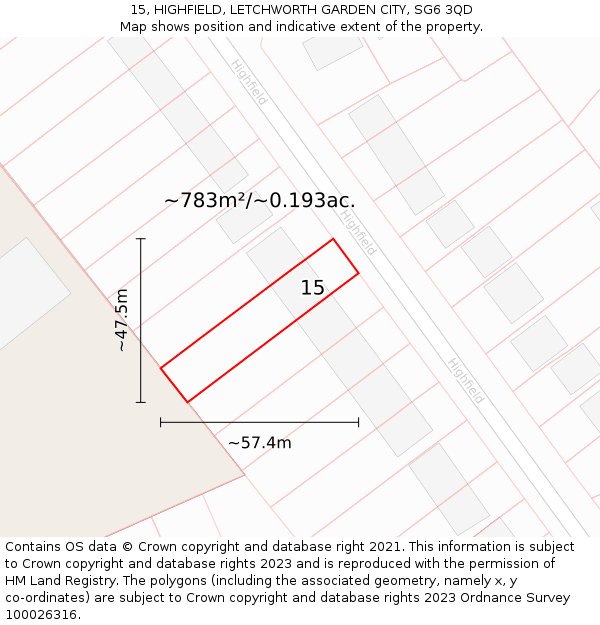 15, HIGHFIELD, LETCHWORTH GARDEN CITY, SG6 3QD: Plot and title map