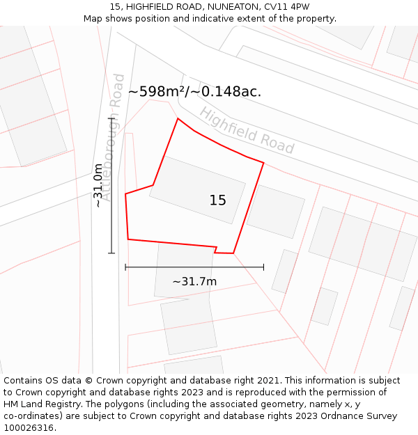 15, HIGHFIELD ROAD, NUNEATON, CV11 4PW: Plot and title map