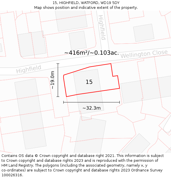 15, HIGHFIELD, WATFORD, WD19 5DY: Plot and title map